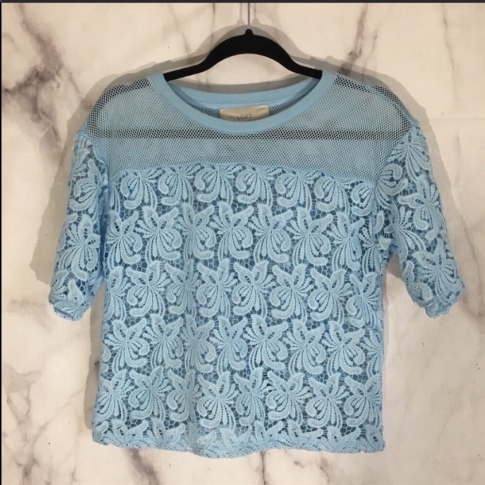 LOFT baby blue lace and mesh  cropped top sz. XS
